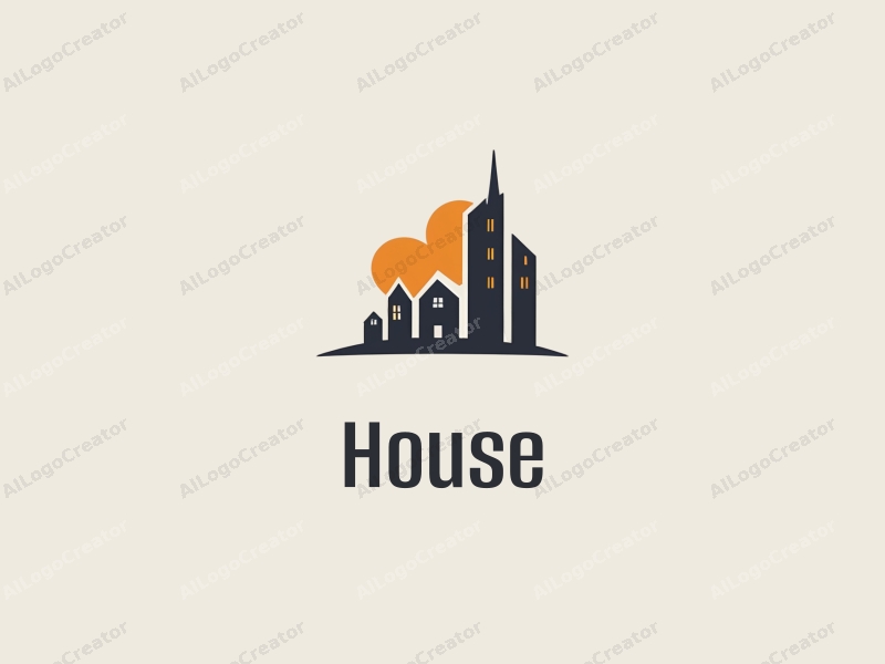 modern design features a stylized house and building silhouette integrated with a cityscape and heart shape, combined with a clean background.