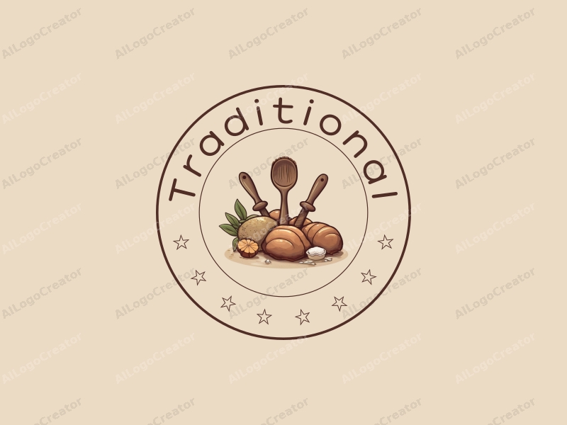 vintage design features traditional craft tools, classic food elements, and a harmonious blend of brown and beige colors combined with a clean background.