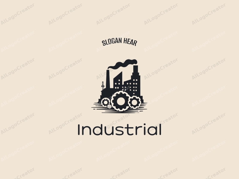 modern design features a stylized factory silhouette, interlocking gears, and welding elements combined with a clean background.