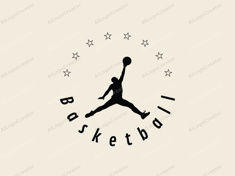 playful design features a dynamic silhouette of an athlete in mid-air performing a dunk, with a stylized basketball, all set against a clean background.