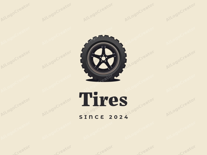 modern design features a stylized tire and wheel, emphasizing power and motion, combined with a clean background.