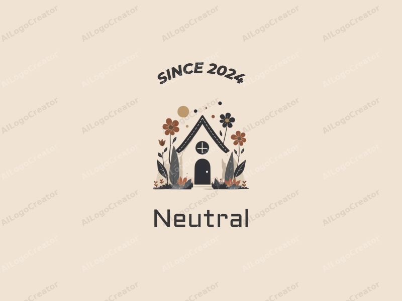 a modern minimalist design featuring a small house surrounded by stylized flowers and a quaint courtyard, using a gray and beige color palette with clean lines and harmonious composition.