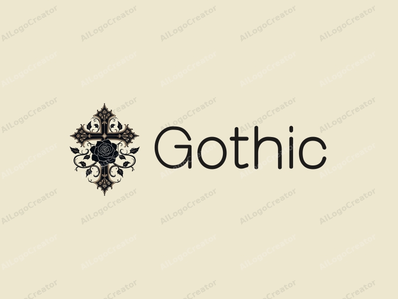 Gothic design features intricate Gothic architecture elements, stylized Gothic fashion silhouettes, a black rose intertwined with a classical cross, combined with a clean background.