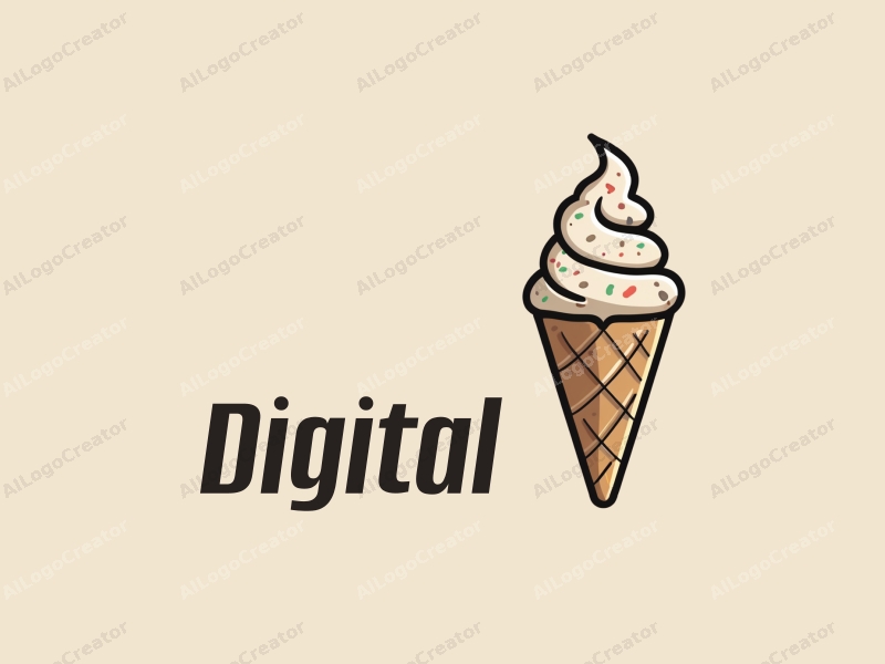 a modern design featuring digital elements, a stylized ice cream cone, and a playful dog silhouette, combined with a clean background.