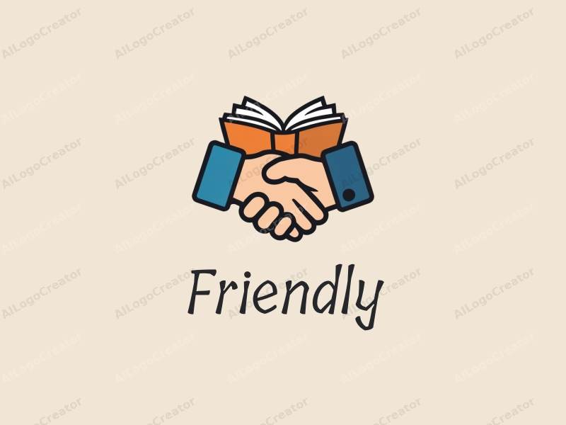 playful design features a stylized book and a handshake, combined with a clean background, emphasizing friendship and community in an educational and social context.