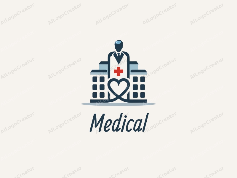 modern design features a stylized hospital silhouette, a doctor figure, a stethoscope intertwined with a heart, combined with a clean background.