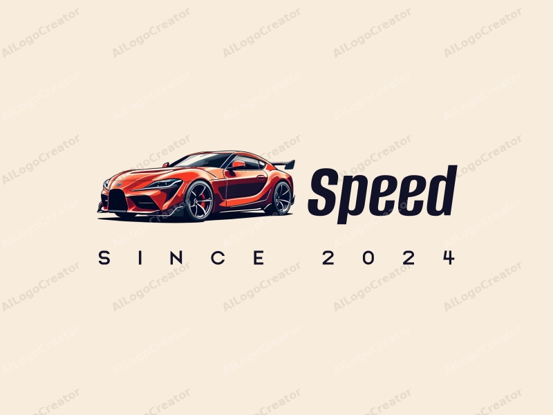 a modern design featuring a stylized sports car silhouette, dynamic lines representing speed and power, and an engine motif, combined with a clean background.