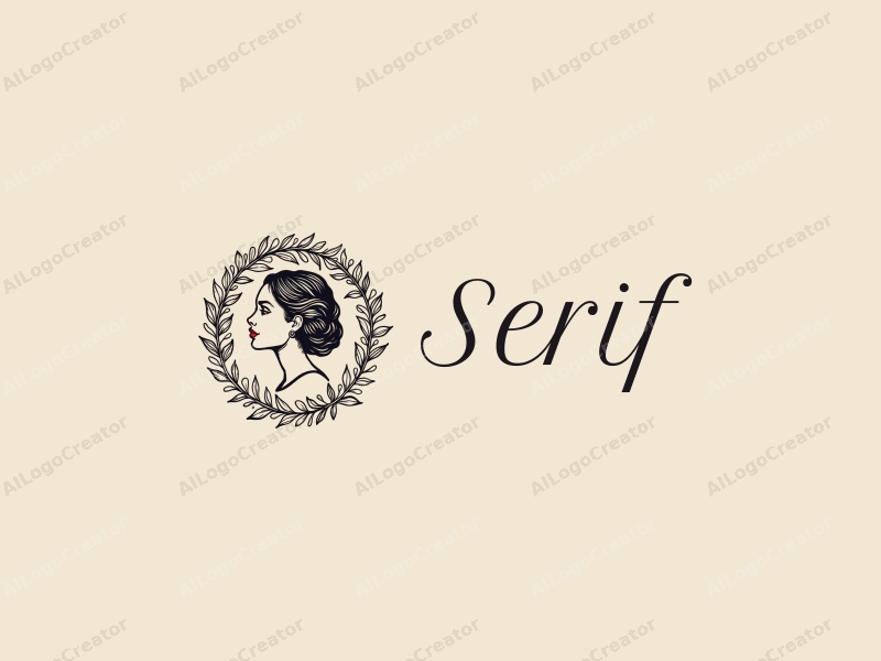 vintage design features elegant serif fonts, a stylized girl surrounded by a floral wreath, combined with a clean background.