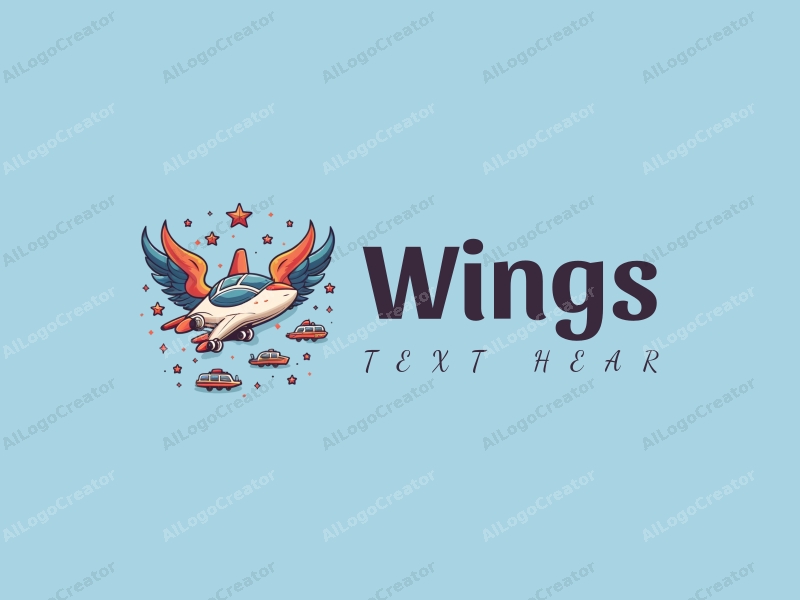 playful design features stylized wings and flying elements, combined with stars and vehicles, set against a clean blue background.