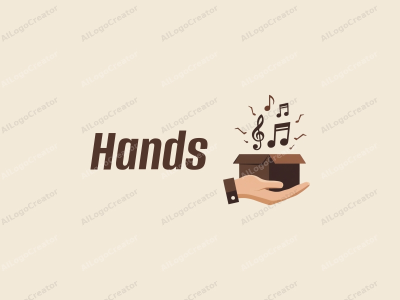 a modern design featuring a hand gently holding a box with music notes emerging from it, using skin tone colors against a clean background.