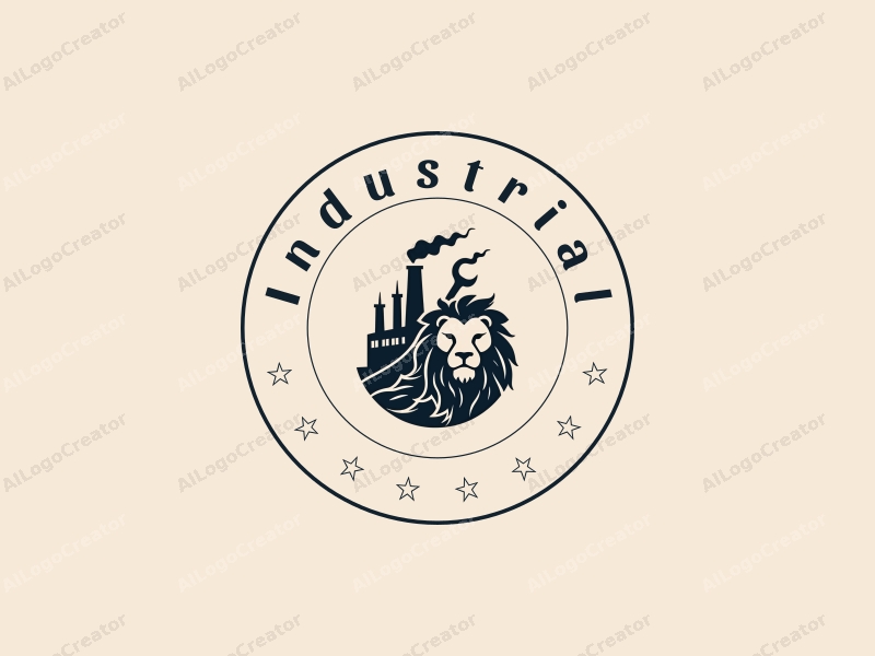 modern design features a stylized factory and machinery, integrated with a lion and tool belt, using a clean and simple composition.