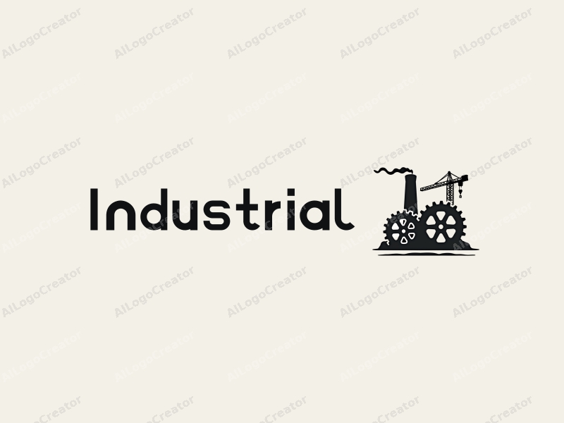 modern design features a stylized factory silhouette, interlocking gears, and a crane, combined with a clean background.