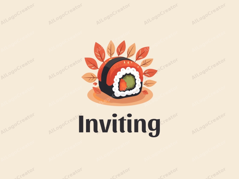 playful design features a stylized sushi roll surrounded by delicate flower petals, combined with a warm color palette and a clean background.