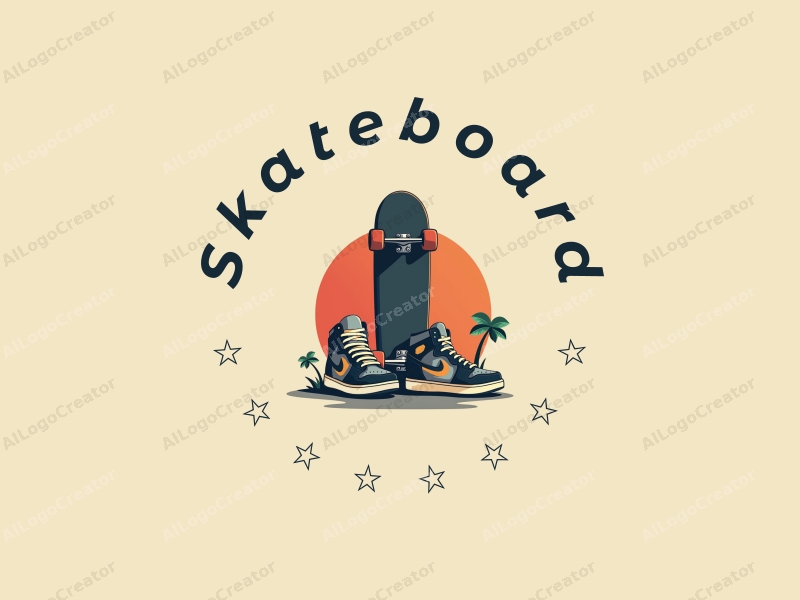 street style design features a stylized skateboard and sneakers, combined with a clean background and a minimalist approach.