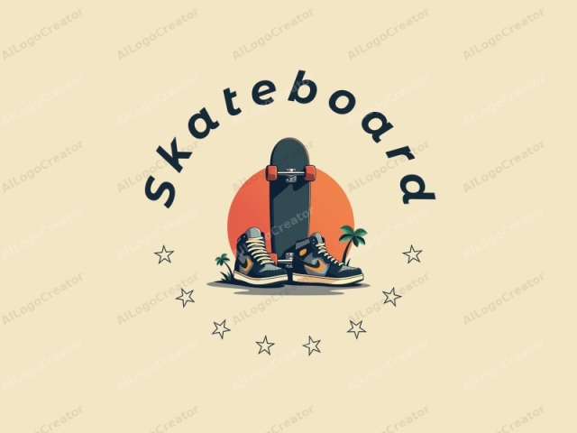 Straßenstil-Design mit einem stilisierten Skateboard und Sneakern, kombiniert mit einem sauberen Hintergrund und einem minimalistischen Ansatz.