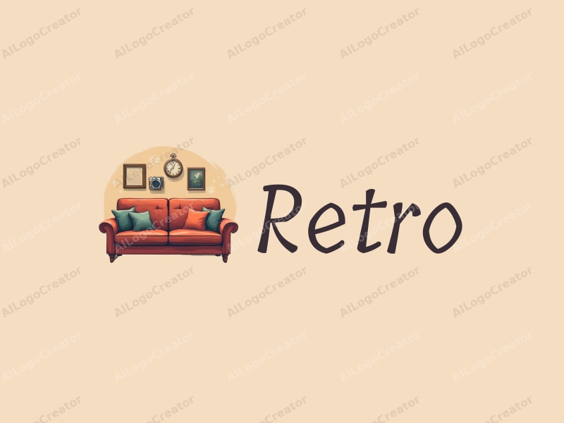 vintage design features a retro sofa, a nostalgic camera, a vintage clock, and a retro poster, combined with a clean background.