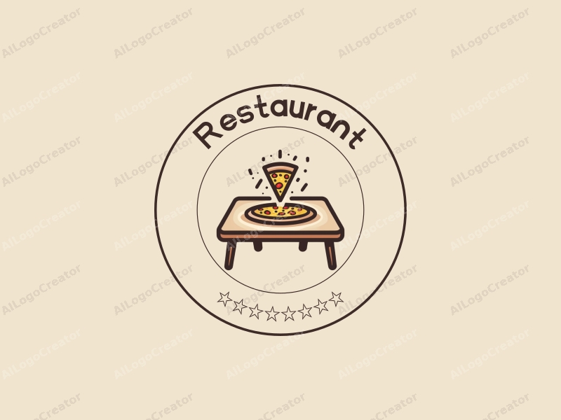 modern design features a stylized dining table and menu, with a pizza slice integrated into the composition, using a clean background and harmonious layout.