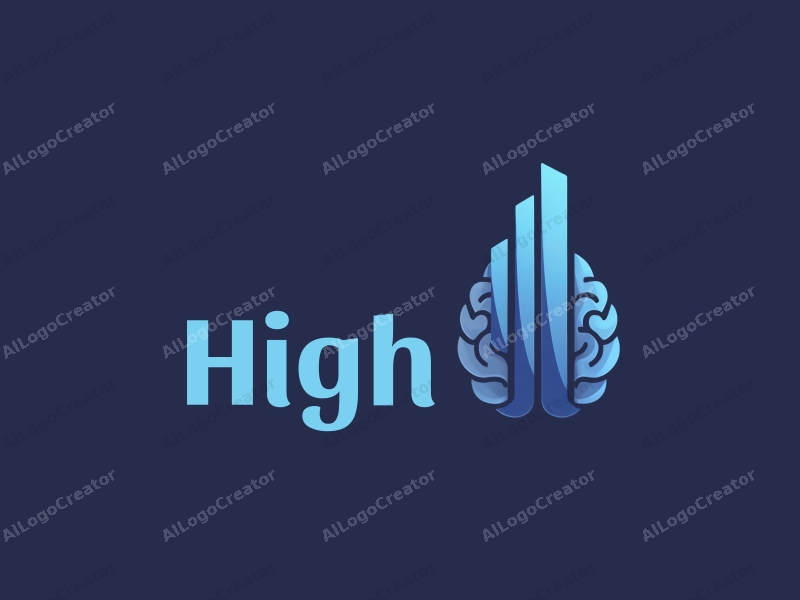 a modern design featuring a towering skyscraper integrated with brain imagery, showcasing a clean and harmonious composition with a blue color palette.