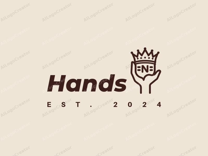 a modern design featuring a hand holding a crown with letters, using skin tone colors, combined with a clean background.