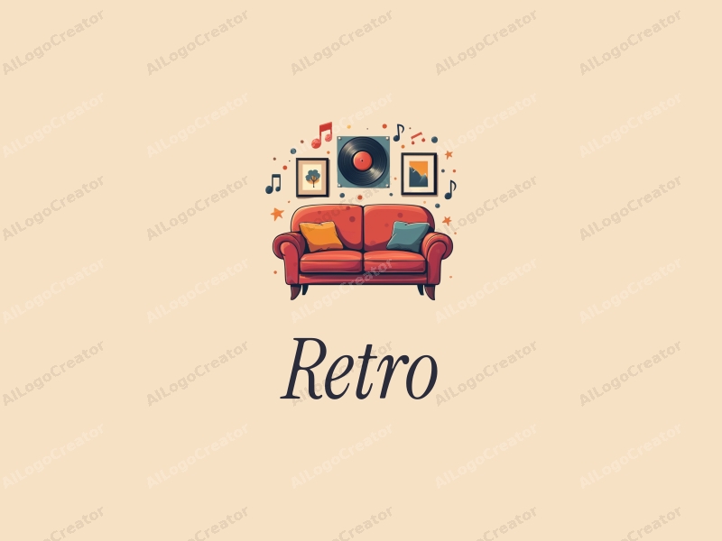 vintage design features a retro sofa and a retro poster, combined with musical notes and a vinyl record, set against a clean background.