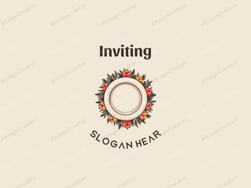 playful design features a stylized plate surrounded by a floral wreath, incorporating elements of invitation and welcome, combined with a clean background in warm tones.