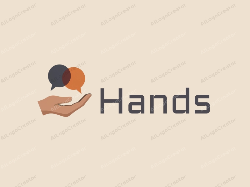 a modern minimalist design featuring a stylized hand holding a dialogue bubble, representing intelligence, with a clean background in skin tone colors.