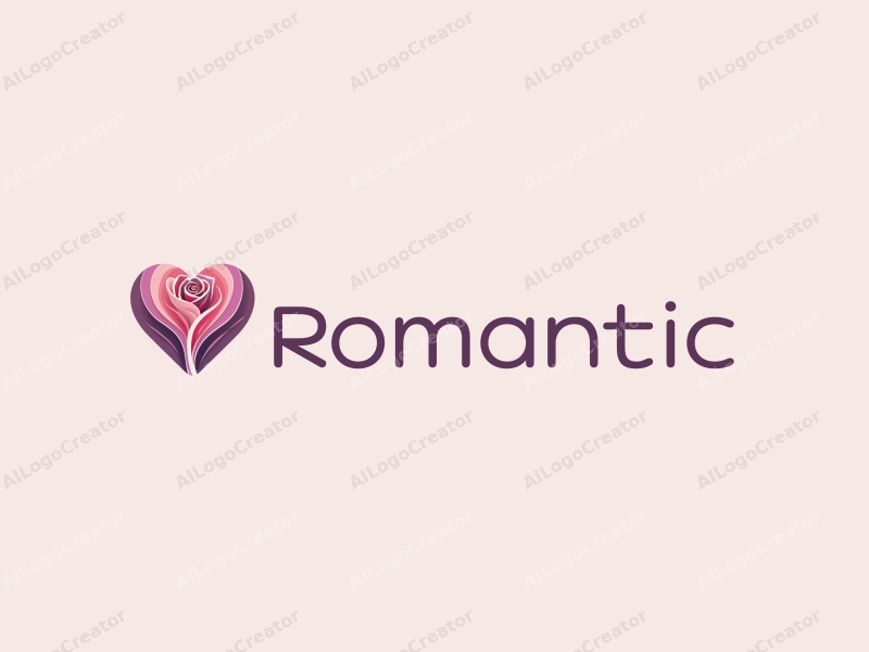 playful design features a stylized rose intertwined with a heart shape, incorporating pink and purple colors, combined with a clean background.