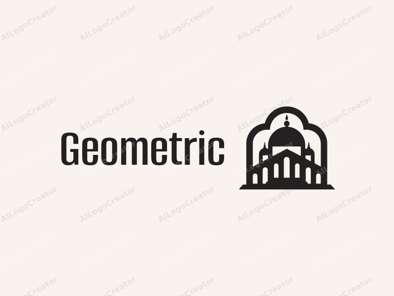 geometric design features a harmonious combination of squares and circles, stylized columns and a dome, with a clean black and white color scheme, creating a simple and modern aesthetic.