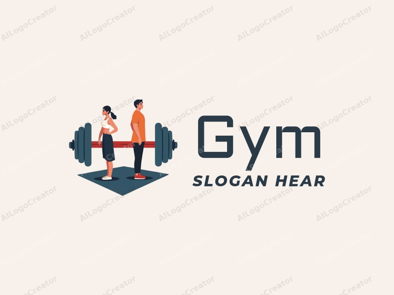 modern design features stylized dumbbells and yoga mats, combined with active individuals in a clean background, emphasizing fitness and movement.