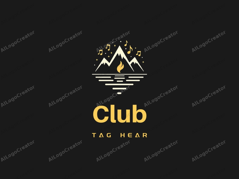 a modern minimalist design featuring a stylized club scene with social elements, integrated musical notes and mountain silhouettes, combined with a clean black background.