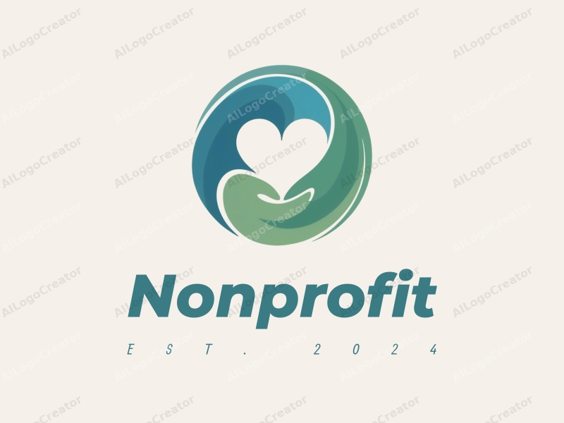 modern design features a stylized heart and hand symbolizing charity and volunteer work, combined with a clean background in blue and green tones.