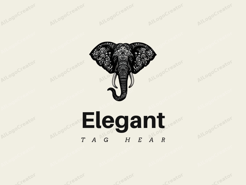 a modern design featuring an elegant and refined elephant intertwined with floral elements, set against a clean black background.