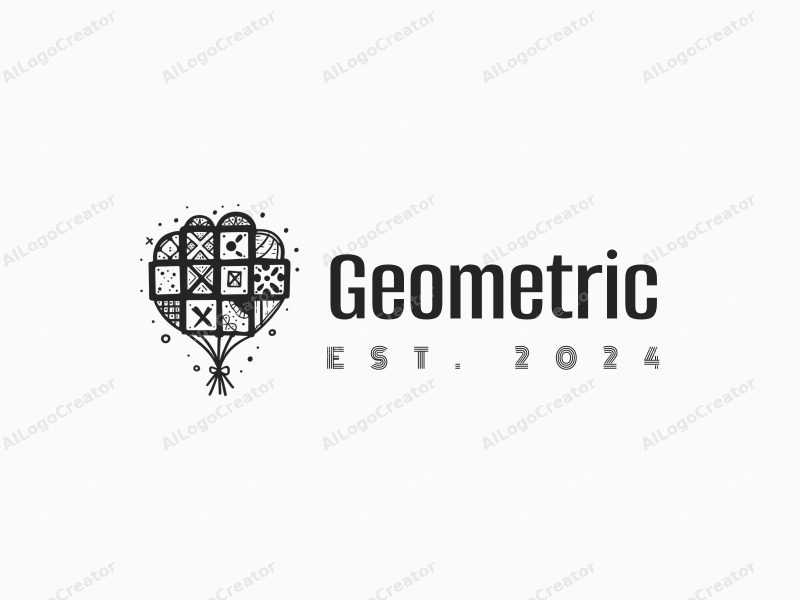 geometric design features a harmonious combination of squares and circles, stylized balloons representing celebration, all set against a clean black and white background.