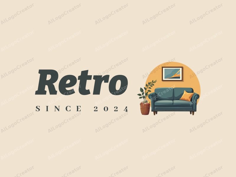 vintage design features a retro sofa and a retro poster, combined with a basket filled with food items, set against a clean, minimal background.