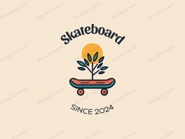 verspieltes Design mit einem strahlenden Skateboard, einem stilisierten Sonnenstrahl und einem Olivenbaum, kombiniert mit einem sauberen Hintergrund.