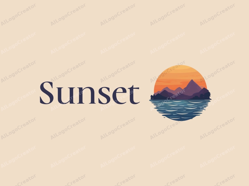 vintage design features a stylized sunset over mountains and ocean, with a harmonious blend of orange and purple colors, creating a serene and artistic atmosphere.