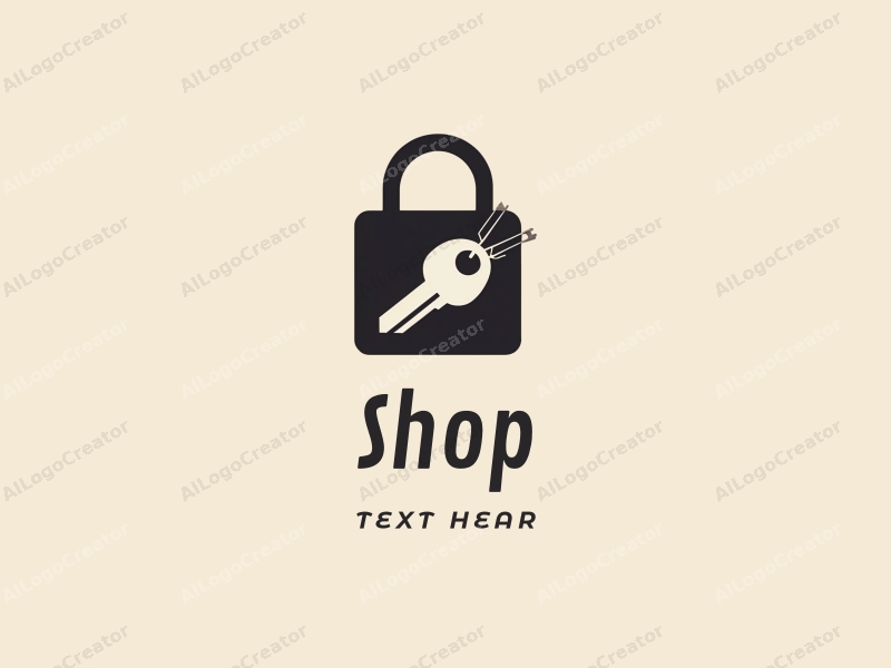 modern design features a stylized shop silhouette, a key and lock integrated into the composition, combined with a clean background.