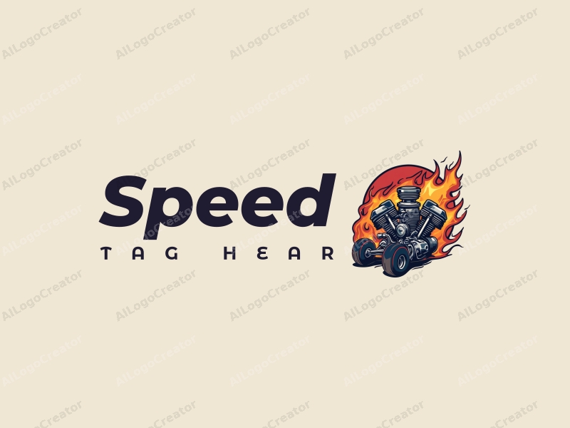 a modern design featuring dynamic elements of speed and power, incorporating a stylized engine and flame motifs, combined with a clean background.