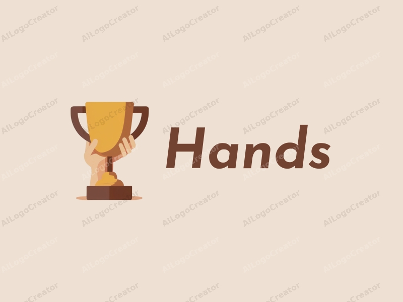 a modern design featuring a hand holding a trophy symbolizing victory, with a skin tone color palette, combined with a clean and simple background.