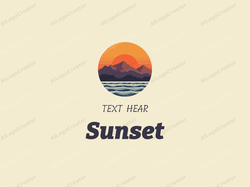 vintage design features a stylized sunset over the ocean with mountains in the background, incorporating warm orange and purple hues, combined with a clean and harmonious layout.