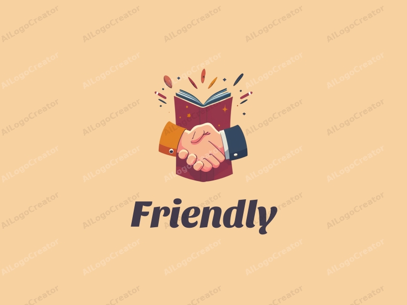 playful design features a stylized book and a handshake, combined with a clean background, emphasizing friendship and community in an educational and social context.