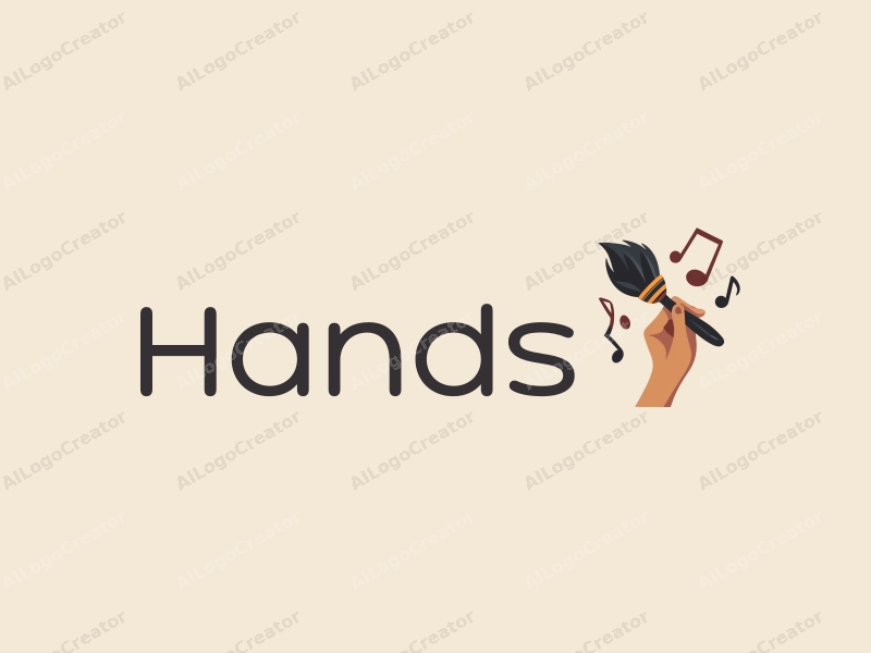 modern design features a stylized hand holding a paintbrush and music notes, combined with a clean background.