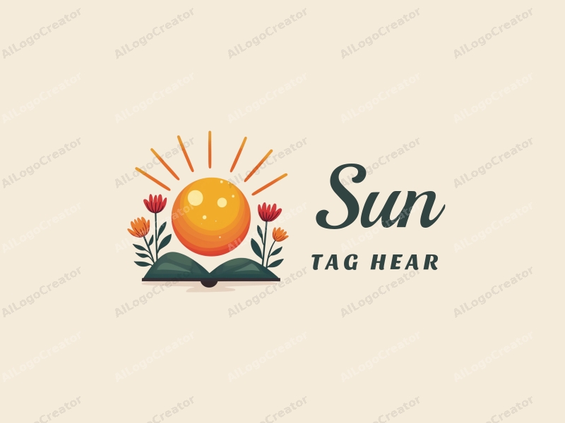 playful design features a bright sun radiating light, surrounded by whimsical flowers and leaves, combined with a clean background.