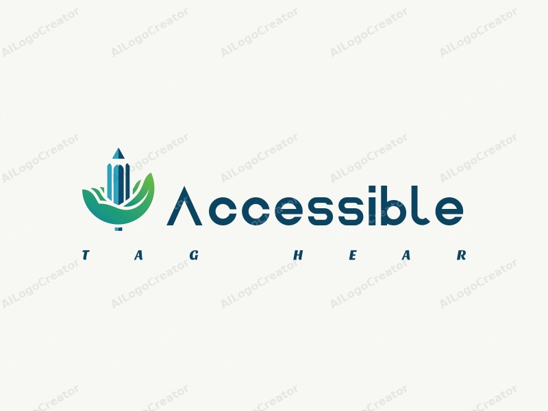 modern design features accessibility elements, a stylized hand holding a pencil, and a harmonious blend of blue and green colors combined with a clean background.