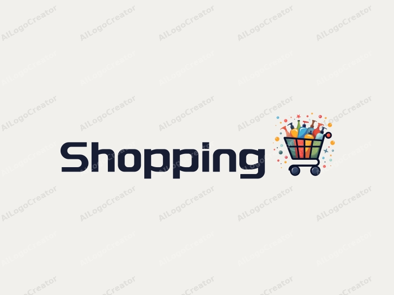 a modern design featuring a colorful shopping cart filled with various products, set against a stylized mall background, emphasizing simplicity and harmony in composition.