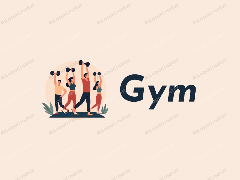 modern design features stylized dumbbells and yoga mats, combined with active individuals in a clean background, emphasizing fitness and movement.