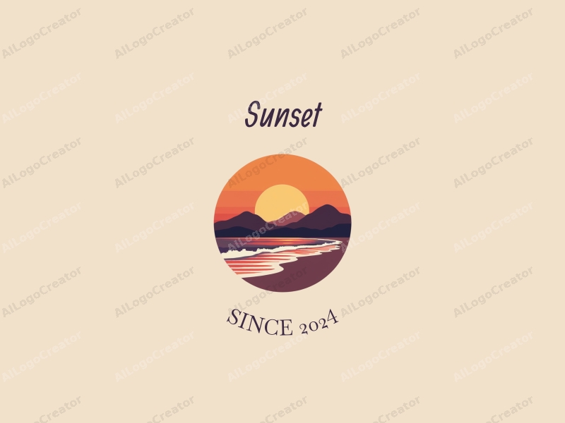 vintage design features a stylized sunset over a beach with mountains in the background, using a harmonious blend of orange and purple colors, combined with a clean and simple composition.