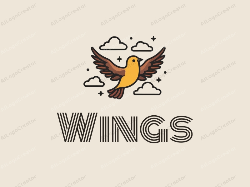 playful design features stylized wings and a bird in flight, surrounded by fluffy clouds, combined with a clean background.