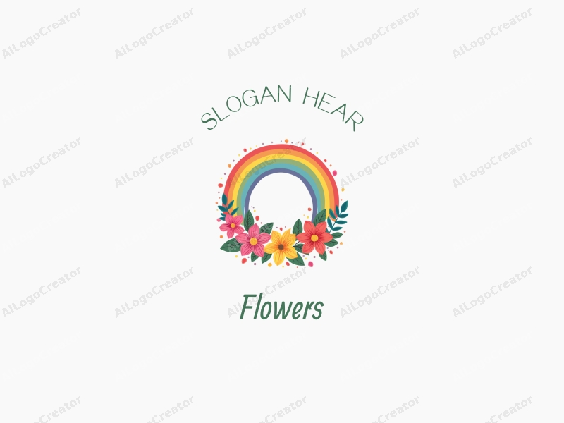 playful design features vibrant flowers and petals arranged in a circular wreath, complemented by a colorful rainbow, combined with a clean background.