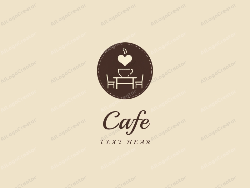 vintage design features a stylized coffee cup with a heart shape, surrounded by simple tables and chairs, combined with a clean brown background.